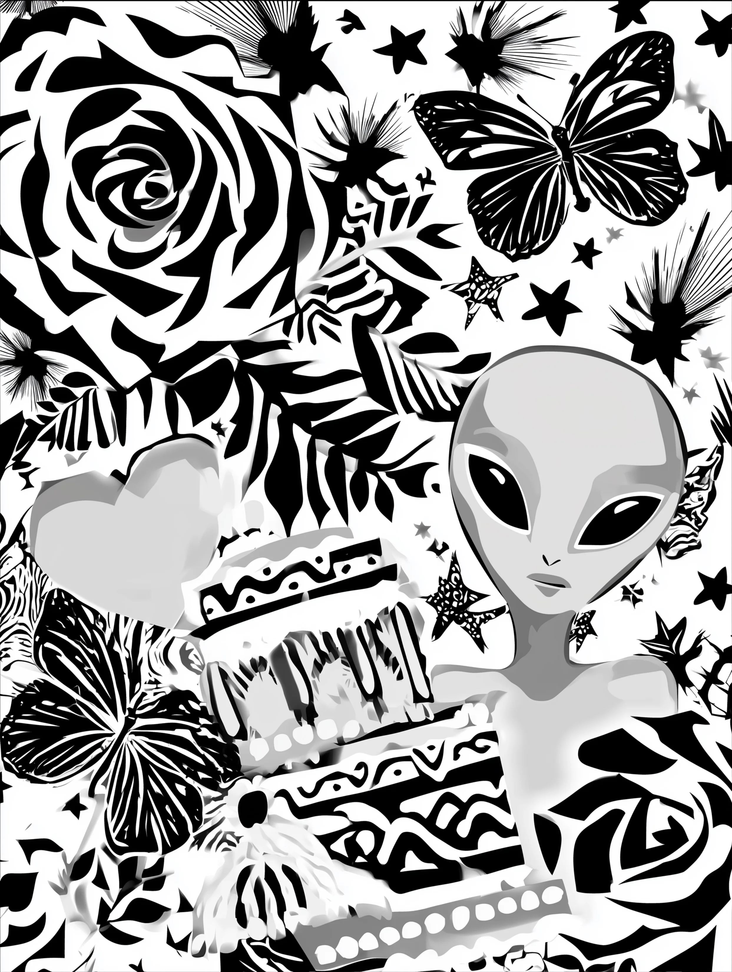 Free printable alien coloring page for adults featuring a birthday alien with cake